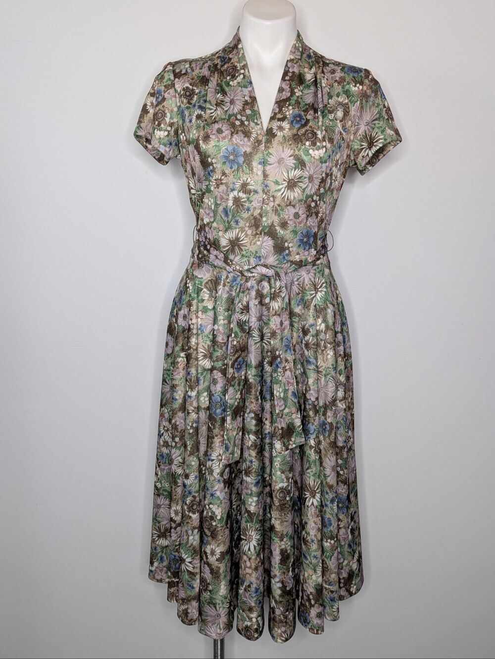 Vintage Joan Curtis Brown Green Purple Blue Floral 40s 50s Polyester Dress S